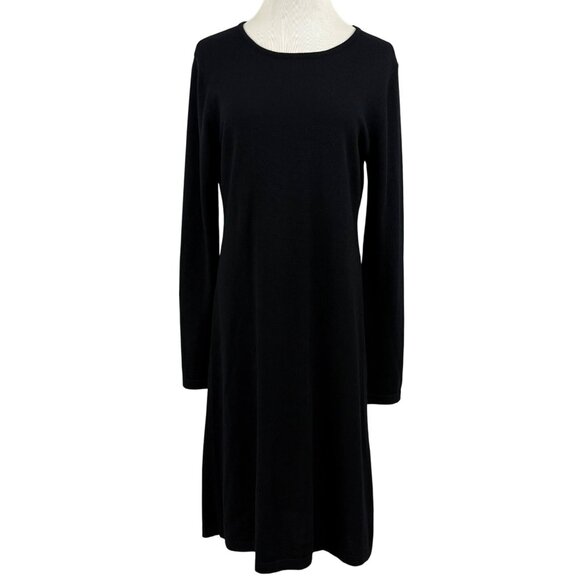 Garnet Hill Sweater Dress Women's Medium Long Sleeve Midi Knit Merino Wool Black - Picture 1 of 12